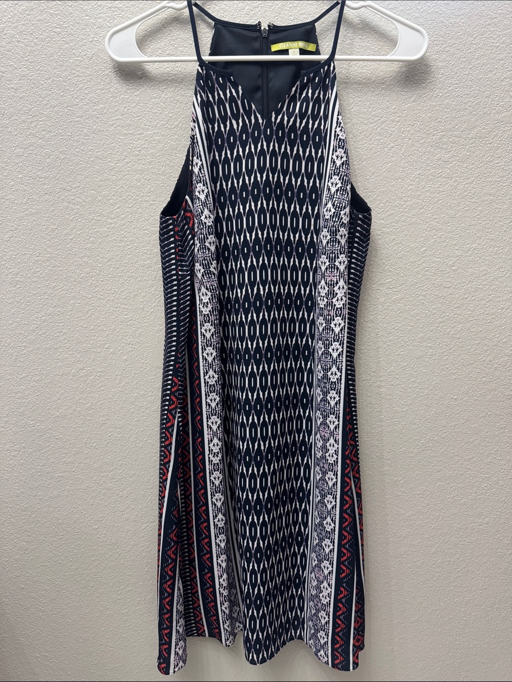 Gianni Bini Navy, White and Red Patterned Halter Midi Dress